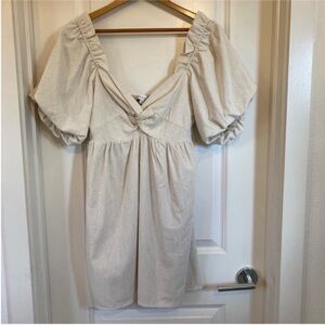 Moodie linen/cotton Cream Puff Sleeve knot detail travel Dress, size medium